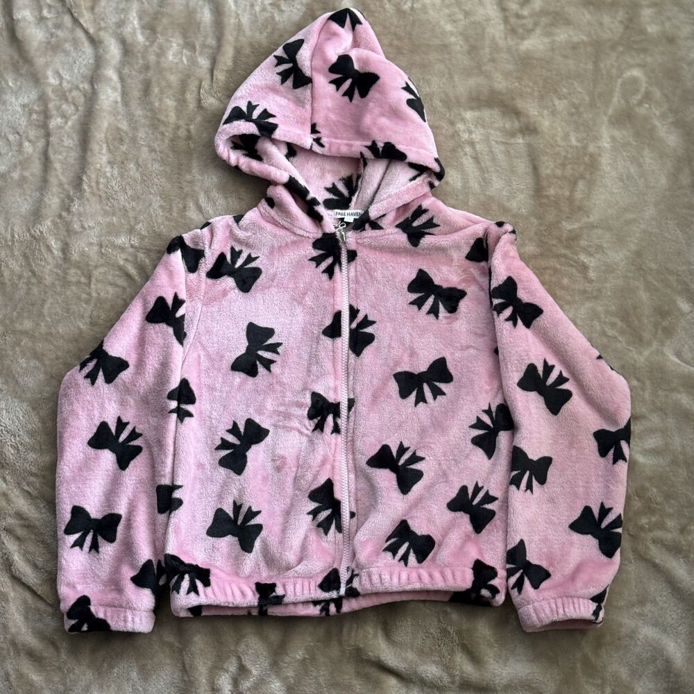 Free Haven Girls Zip Up Hoodie With Bows Size 14 Pink Black Gently Used